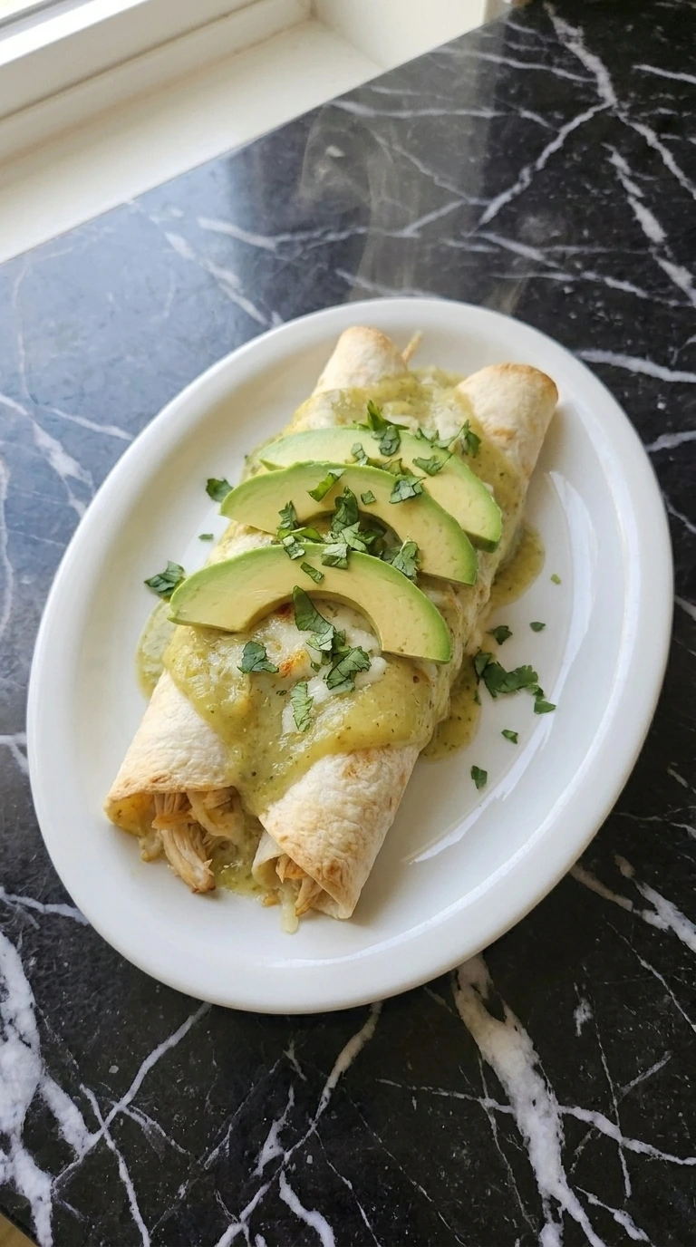 Plated serving of Creamy Hatch Green Chile Chicken Enchiladas with avocado