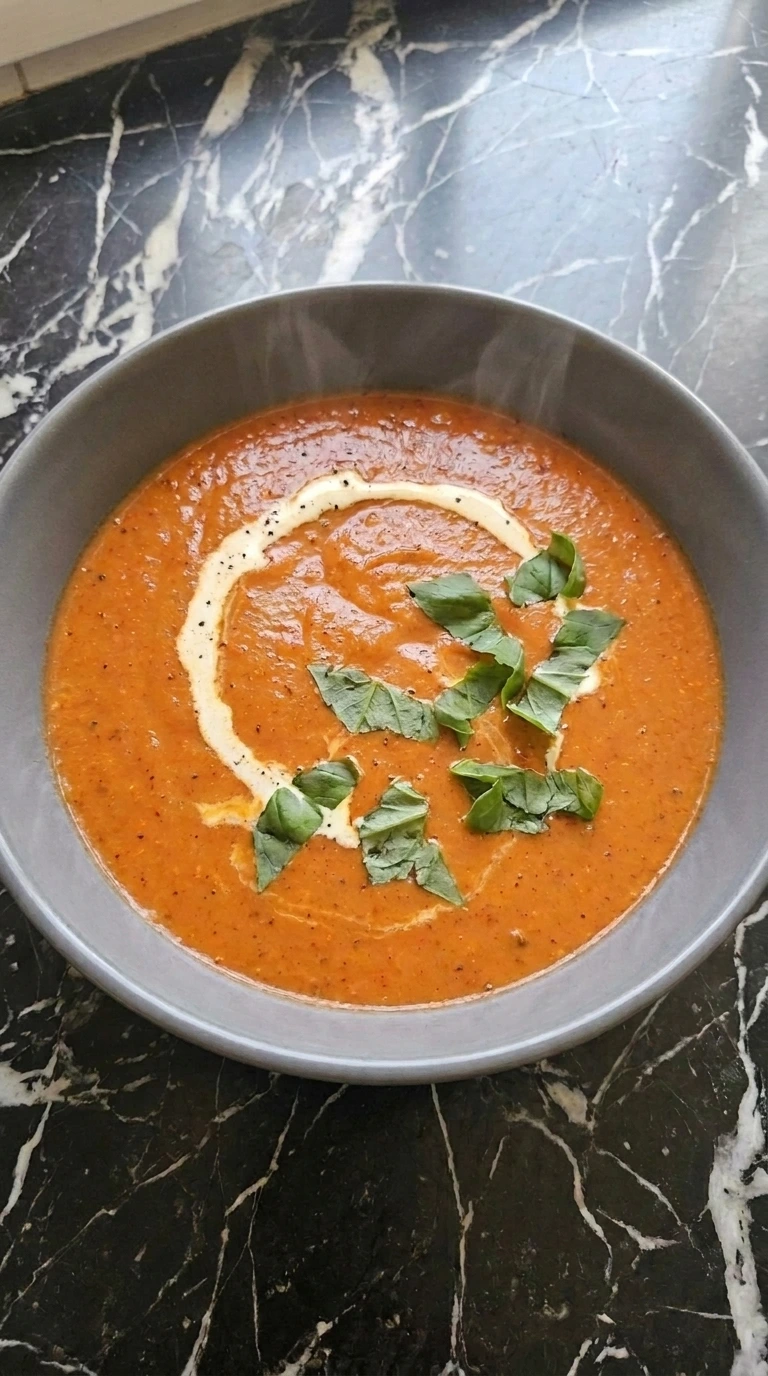 Creamy Roasted Red Pepper and Tomato Soup in a gray bowl with cream swirl, basil and black pepper