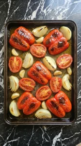 Roasted peppers and tomatoes for Creamy Roasted Red Pepper and Tomato Soup on a rimmed sheet pan