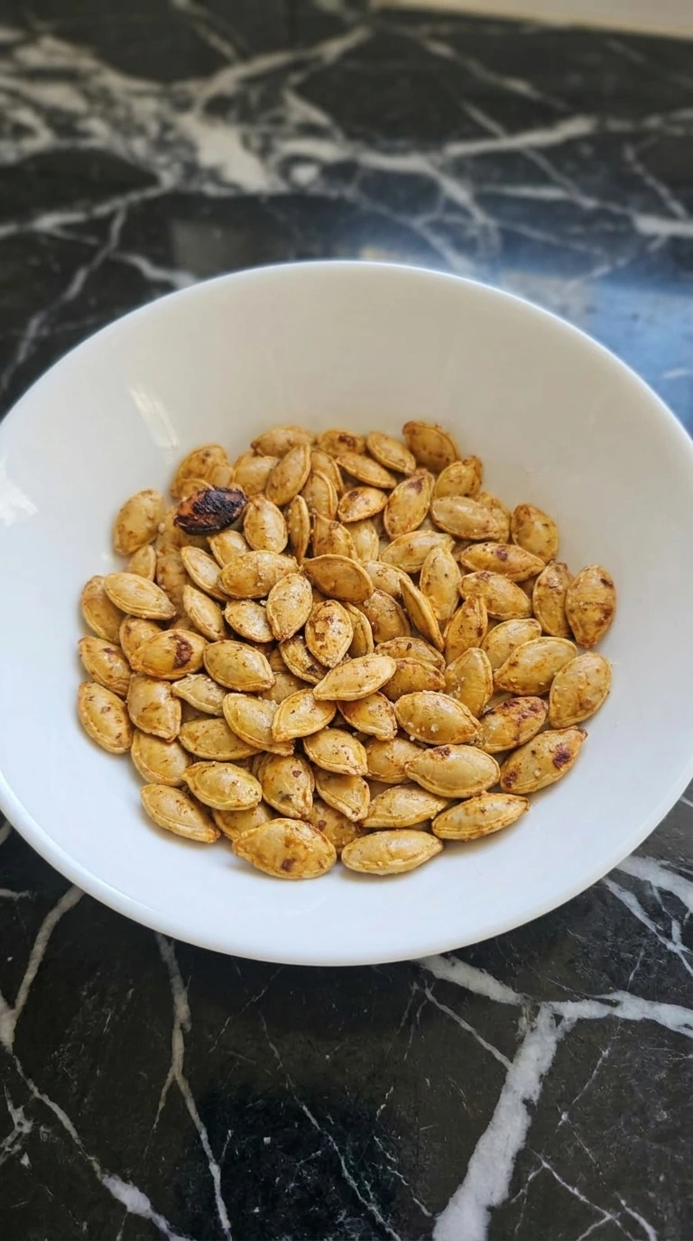 Crispy Air Fryer Pumpkin Seeds (Ready in 15 Minutes) piled in a white ceramic bowl
