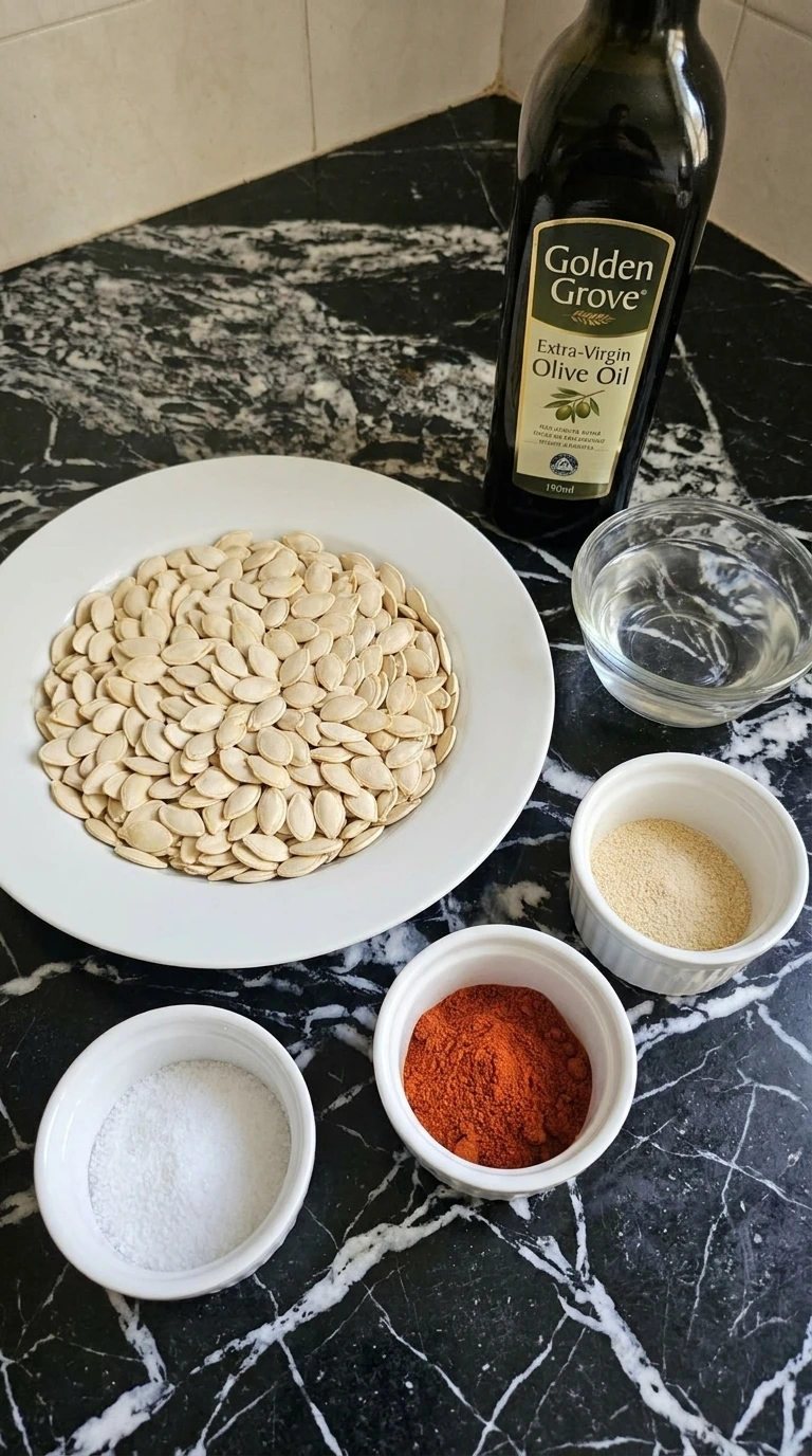 Ingredients for Crispy Air Fryer Pumpkin Seeds (Ready in 15 Minutes) arranged in separate containers