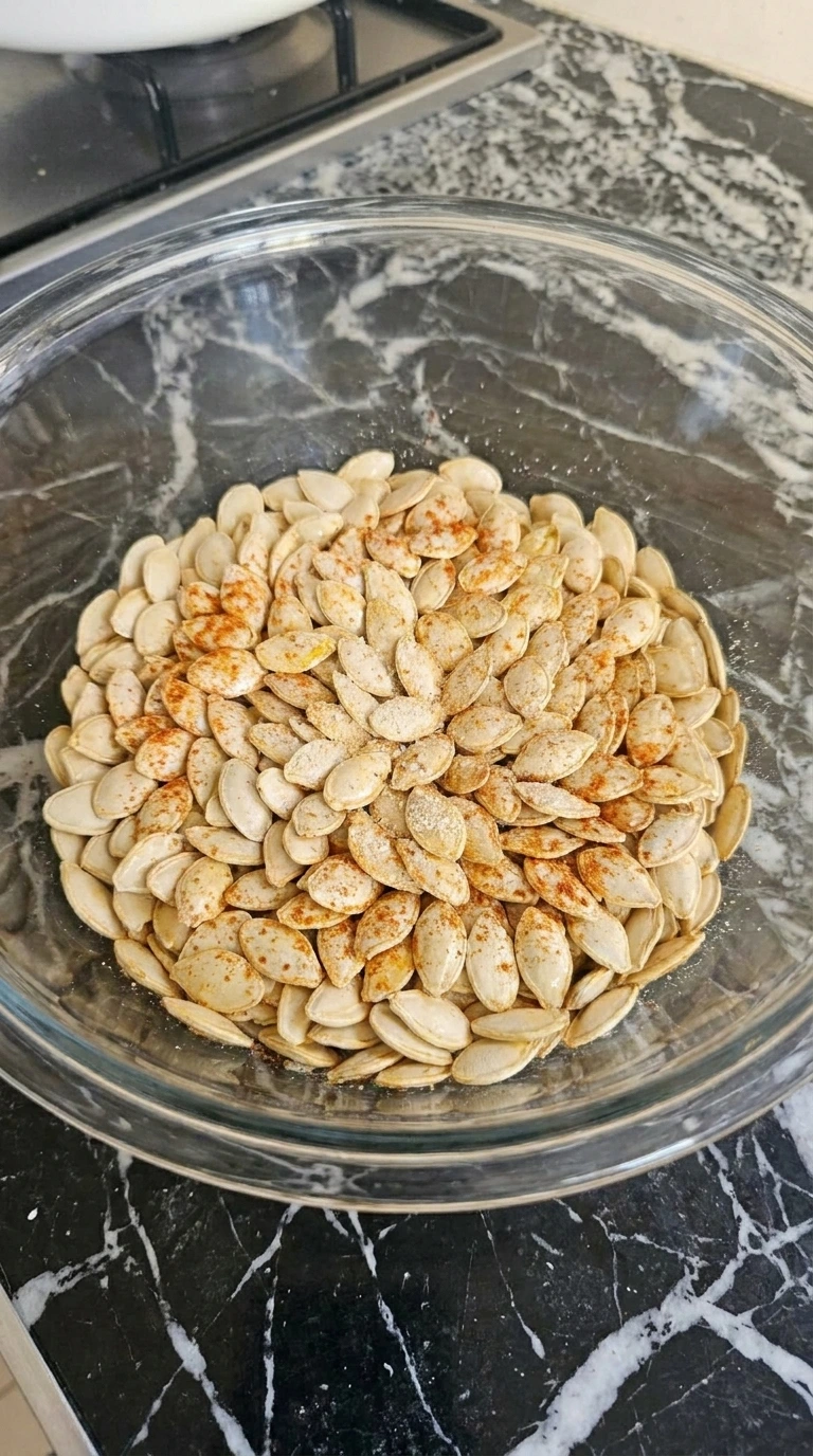 Crispy Air Fryer Pumpkin Seeds (Ready in 15 Minutes) coated with olive oil and paprika