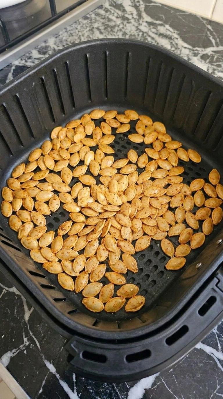 Crispy Air Fryer Pumpkin Seeds (Ready in 15 Minutes) with golden-orange shells and dark toasted edges