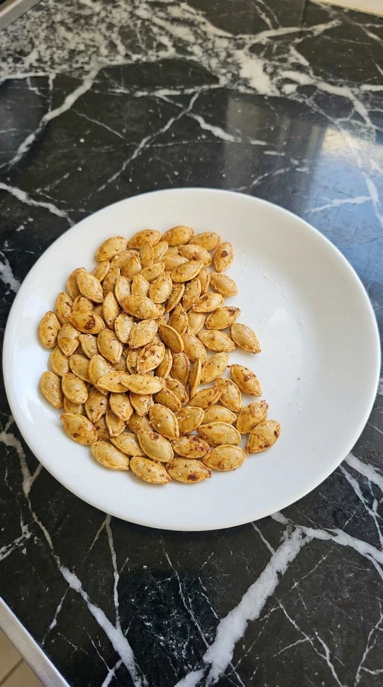 Crispy Air Fryer Pumpkin Seeds (Ready in 15 Minutes) cooled and served on a white plate