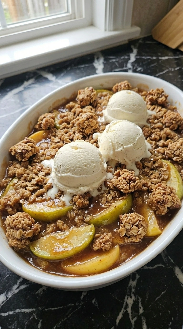 Crockpot Apple Crisp Recipe — Easy Slow Cooker Apple Crisp for Fall served with glossy cinnamon apples, golden oat crumble and vanilla bean ice cream