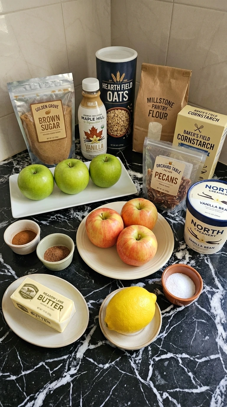 Crockpot Apple Crisp Recipe — Easy Slow Cooker Apple Crisp for Fall ingredients including Granny Smith apples, Honeycrisp apples, oats, pecans and butter
