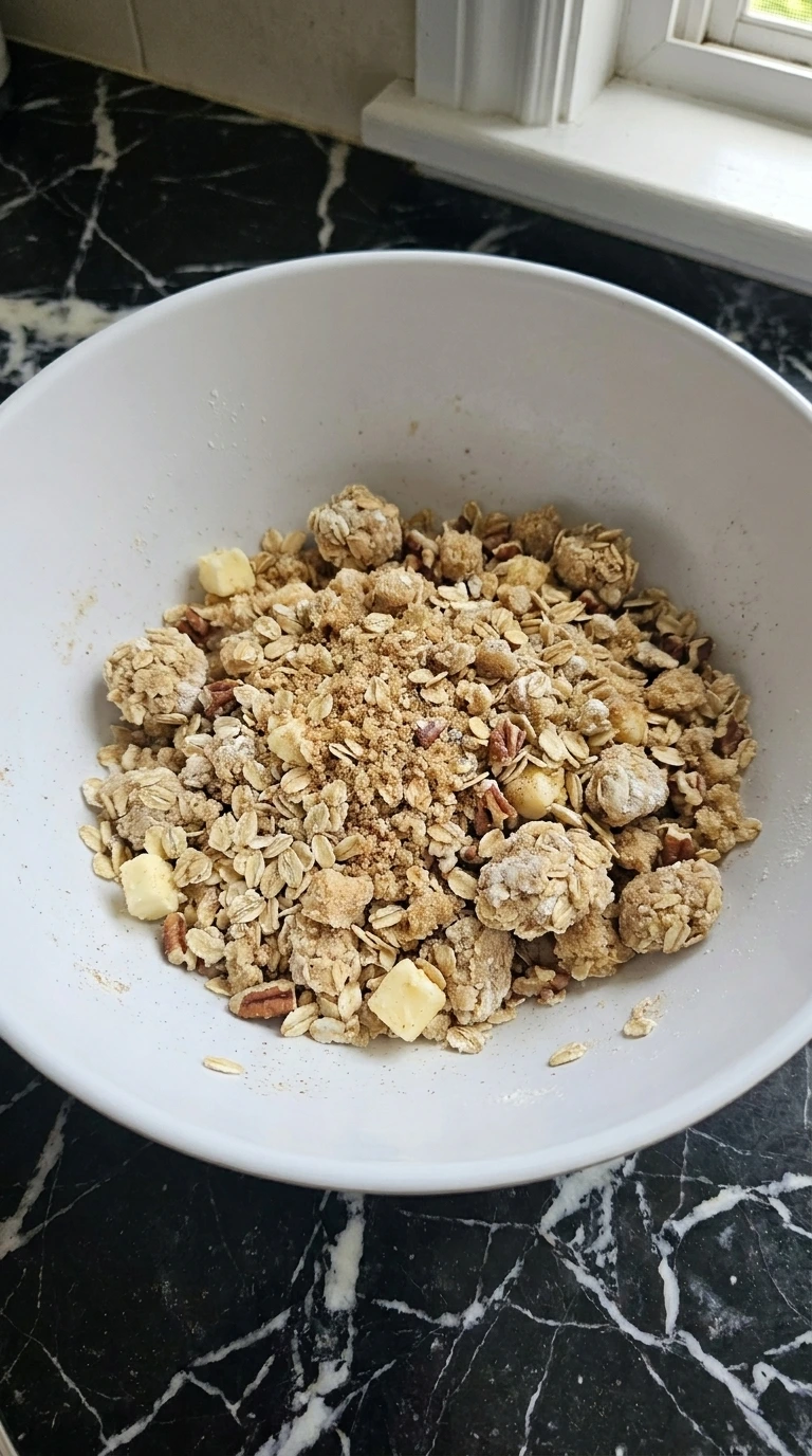 Crockpot Apple Crisp Recipe — Easy Slow Cooker Apple Crisp for Fall step two with cold butter cut into oat and pecan crumble