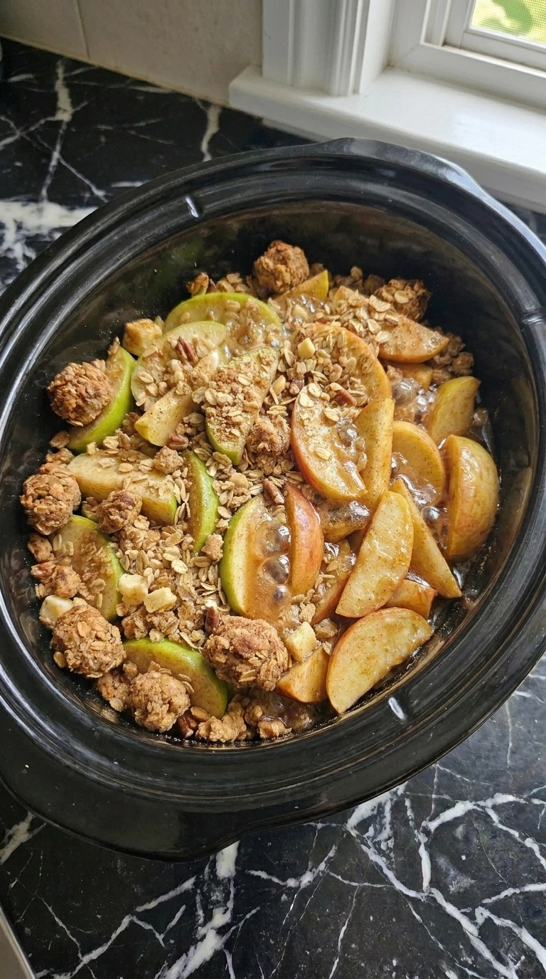 Crockpot Apple Crisp Recipe — Easy Slow Cooker Apple Crisp for Fall step four bubbling with tender amber apples and golden oat crumble