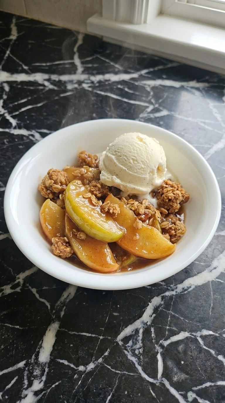 Crockpot Apple Crisp Recipe — Easy Slow Cooker Apple Crisp for Fall step five served with vanilla bean ice cream and oat crumble