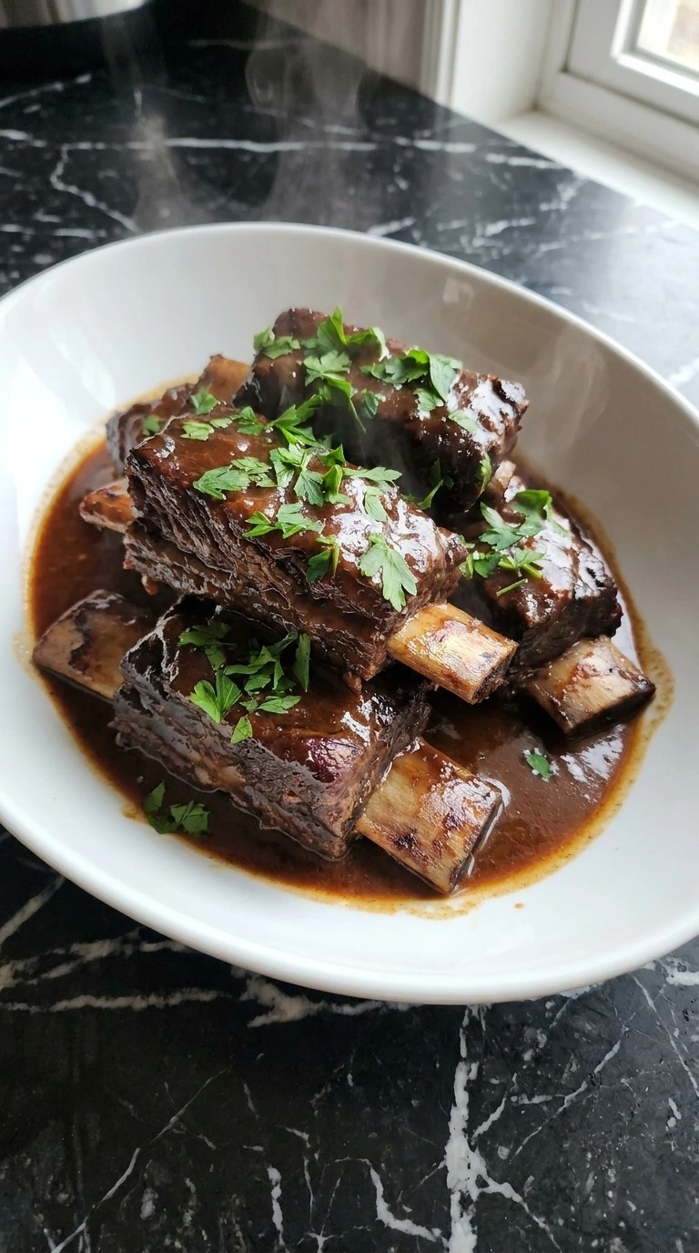 Crockpot Beef Short Ribs with glossy mahogany sauce and tender irregular edges.