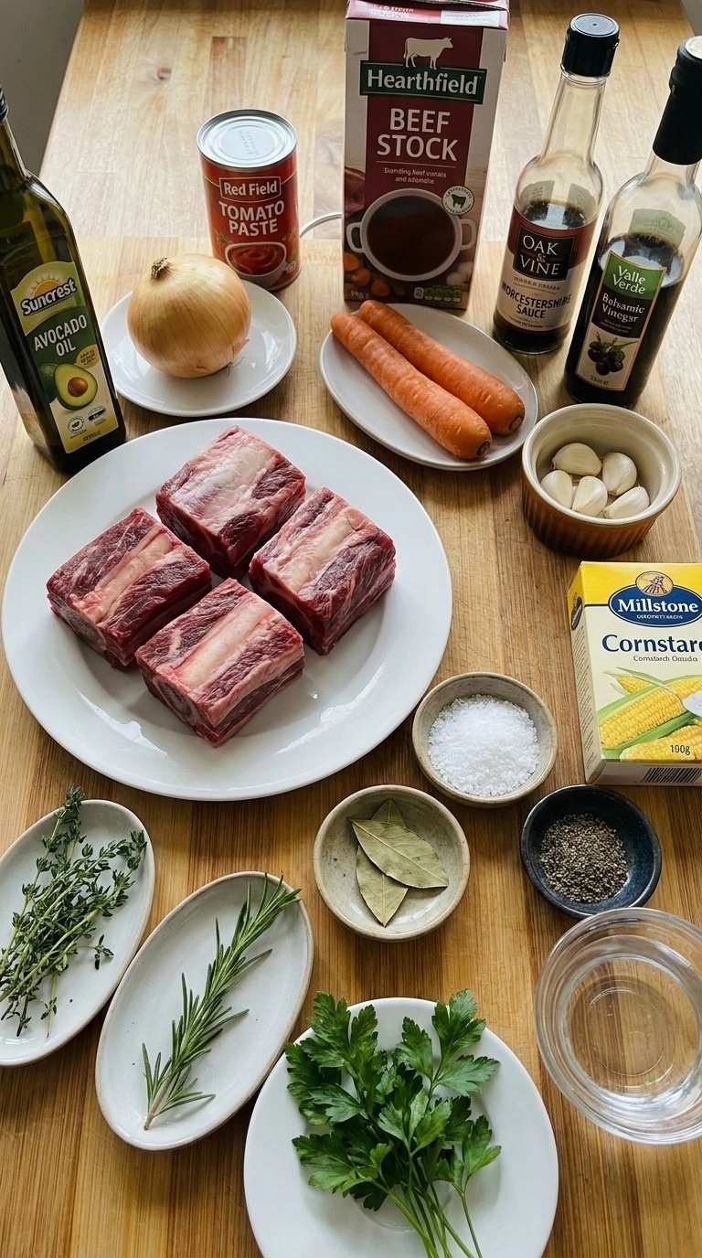 Raw ingredients arranged for Crockpot Beef Short Ribs, including four ribs, vegetables, stock and herbs.