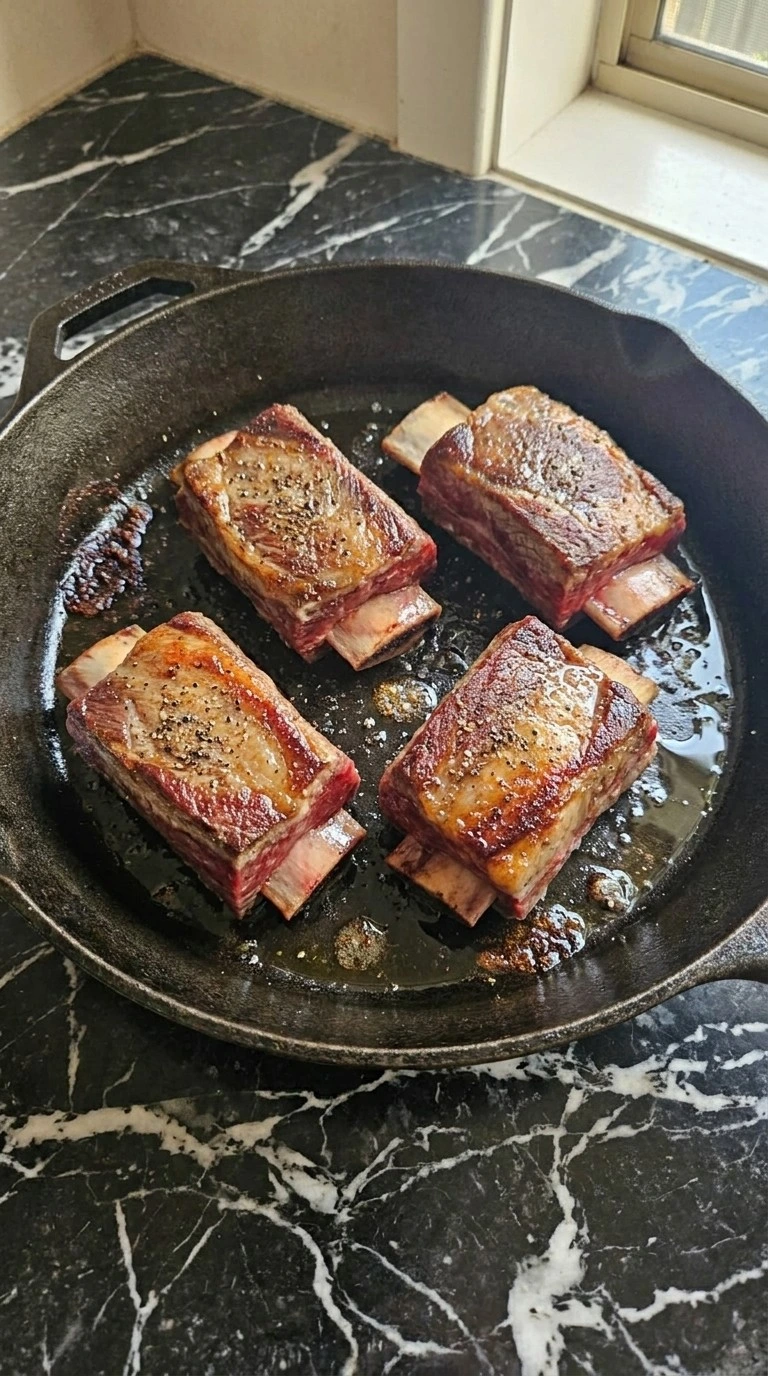 Crockpot Beef Short Ribs seared deep amber in a cast-iron skillet.