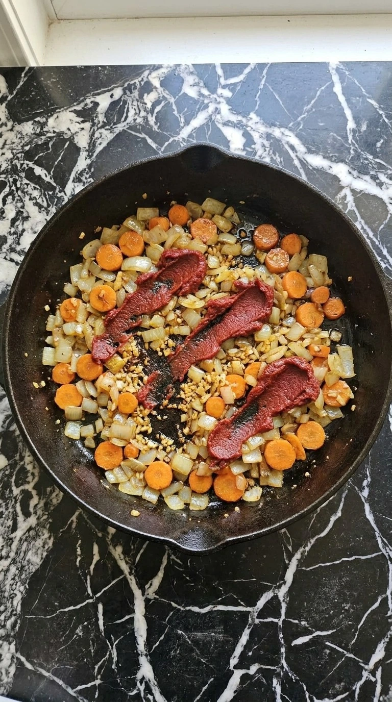 Aromatics and tomato paste browning for Crockpot Beef Short Ribs.