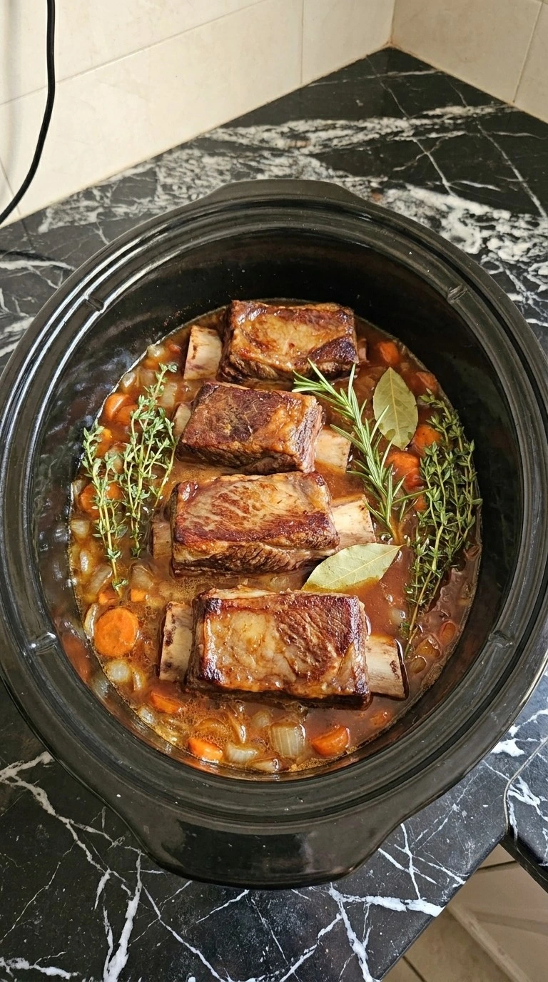 Crockpot Beef Short Ribs braising with stock and herbs in a slow cooker.
