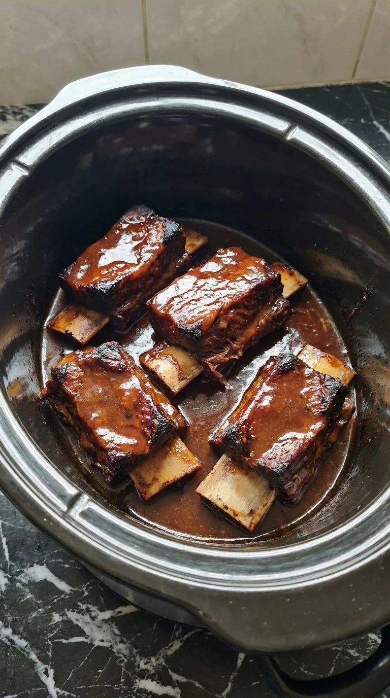 Crockpot Beef Short Ribs coated with glossy mahogany glaze.