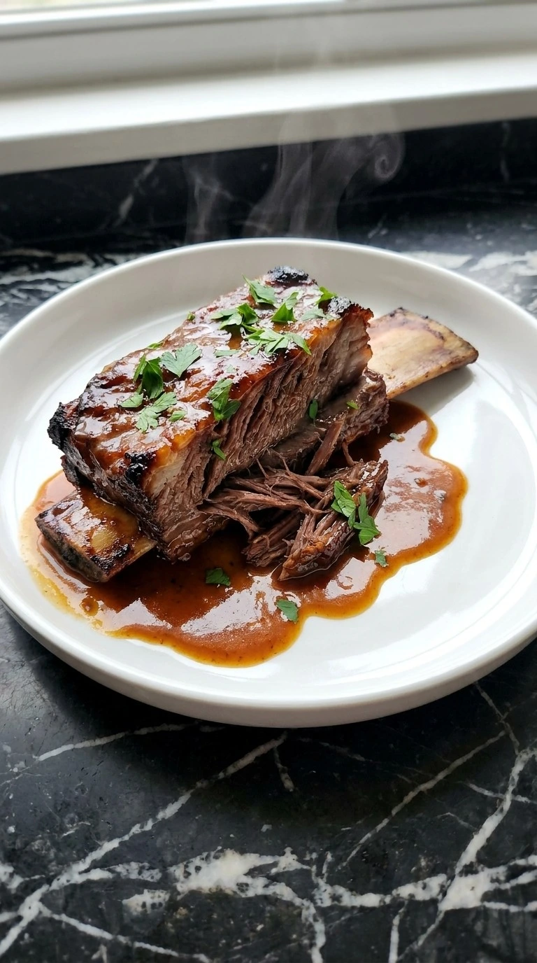 Crockpot Beef Short Ribs plated with glossy sauce and a tender pulled center.
