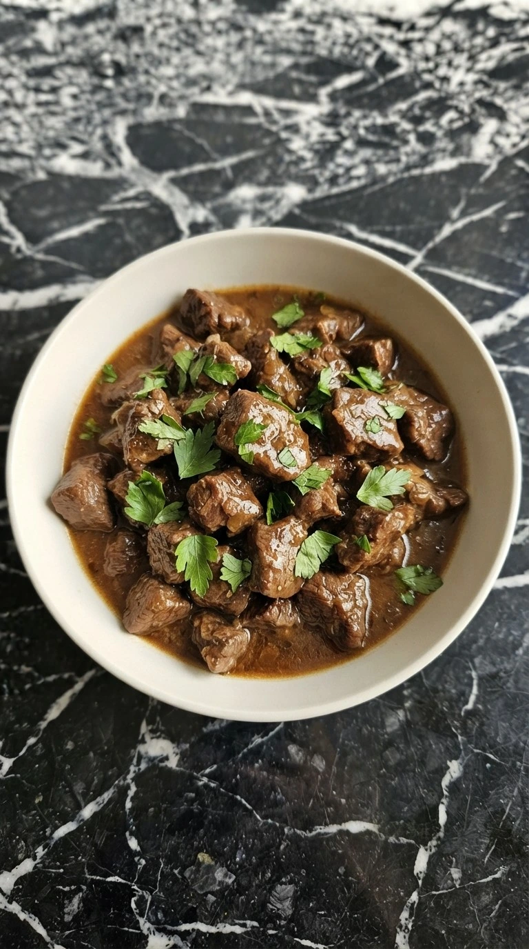 Crockpot Beef Tips and Gravy served over fluffy mashed potatoes in a shallow ceramic bowl
