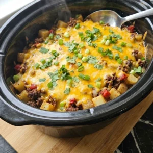 CrockPot Beefy Potato Taco Casserole with melted cheese and fresh green onions