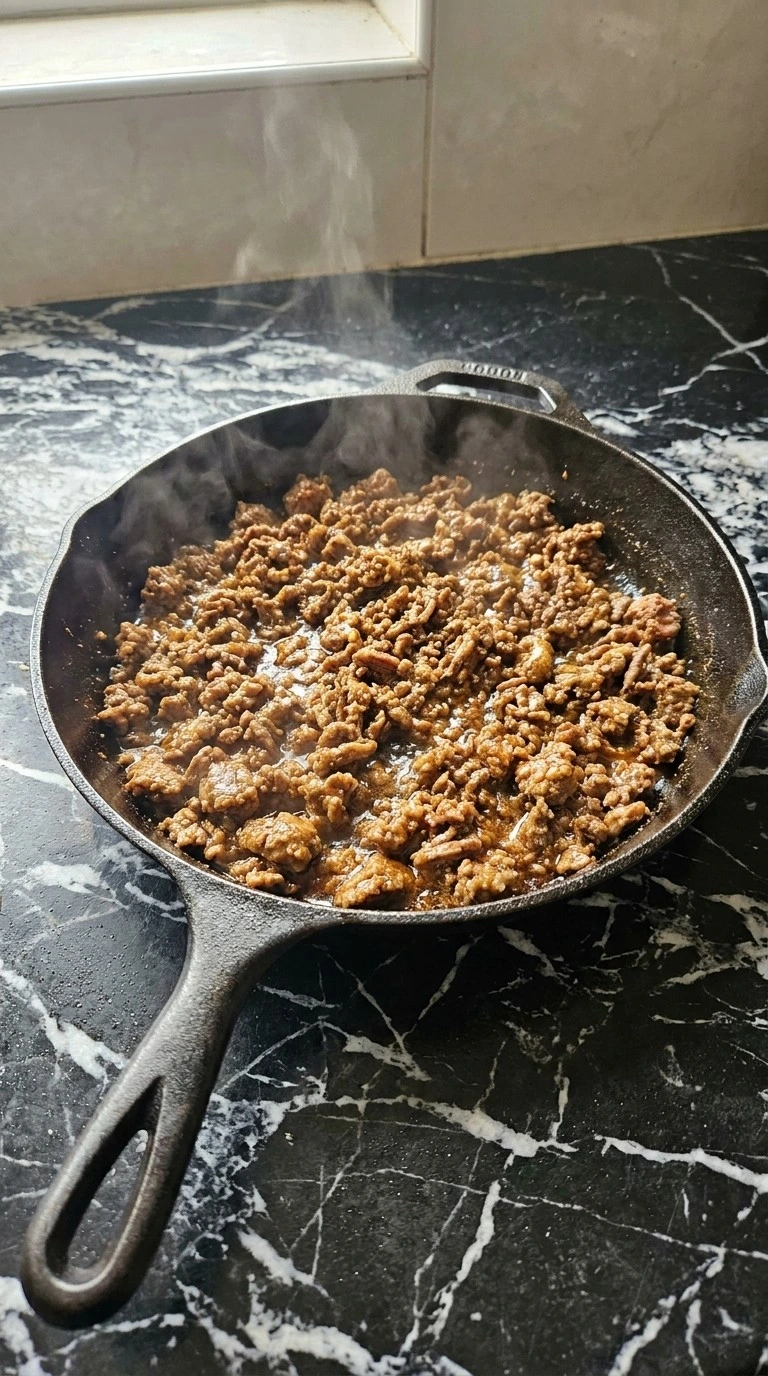 Browning ground beef for CrockPot Beefy Potato Taco Casserole in a skillet