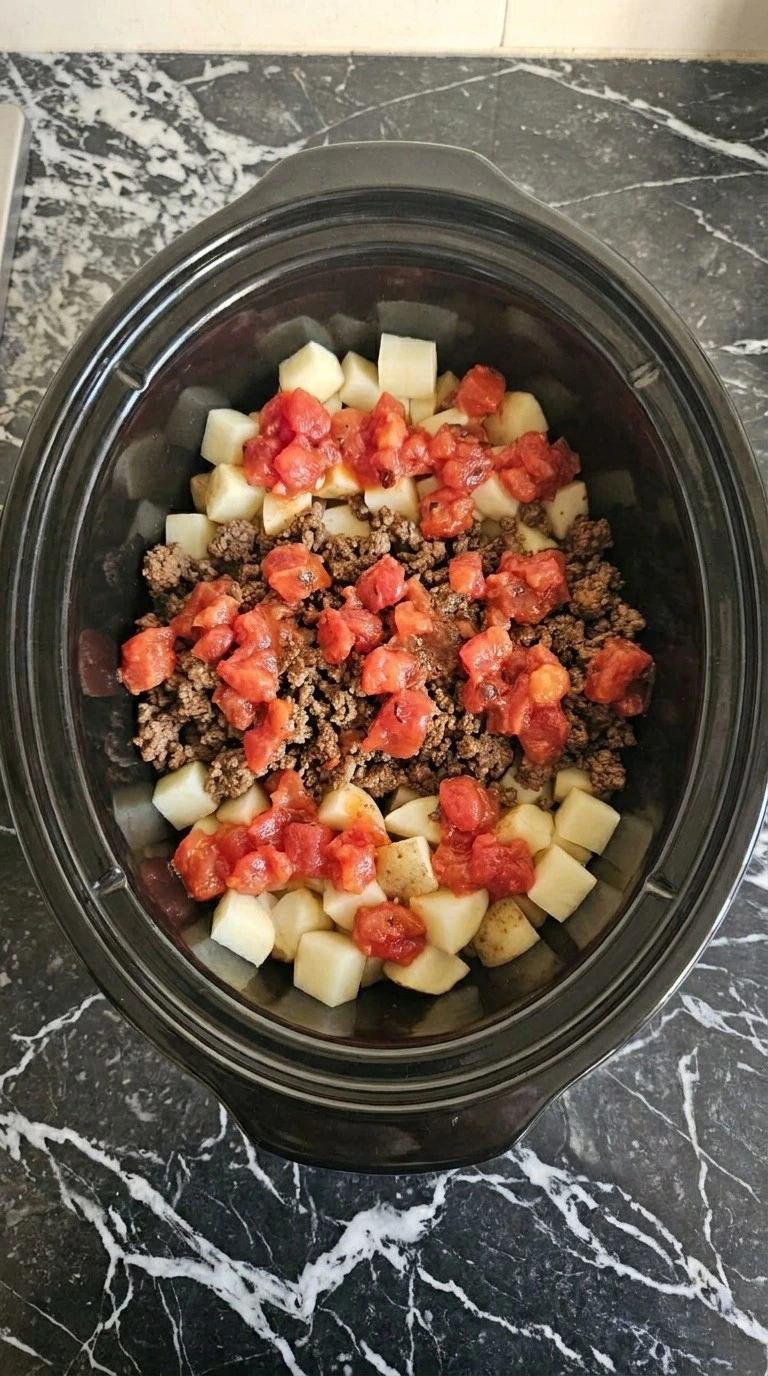 Layering potatoes beef and tomatoes for CrockPot Beefy Potato Taco Casserole
