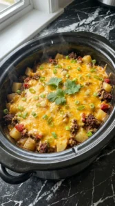 Melted cheddar cheese top on CrockPot Beefy Potato Taco Casserole