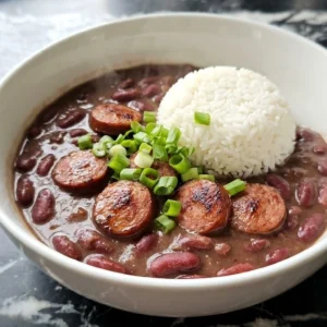 A warm bowl of Crockpot Red Beans and Rice topped with fresh green onions.