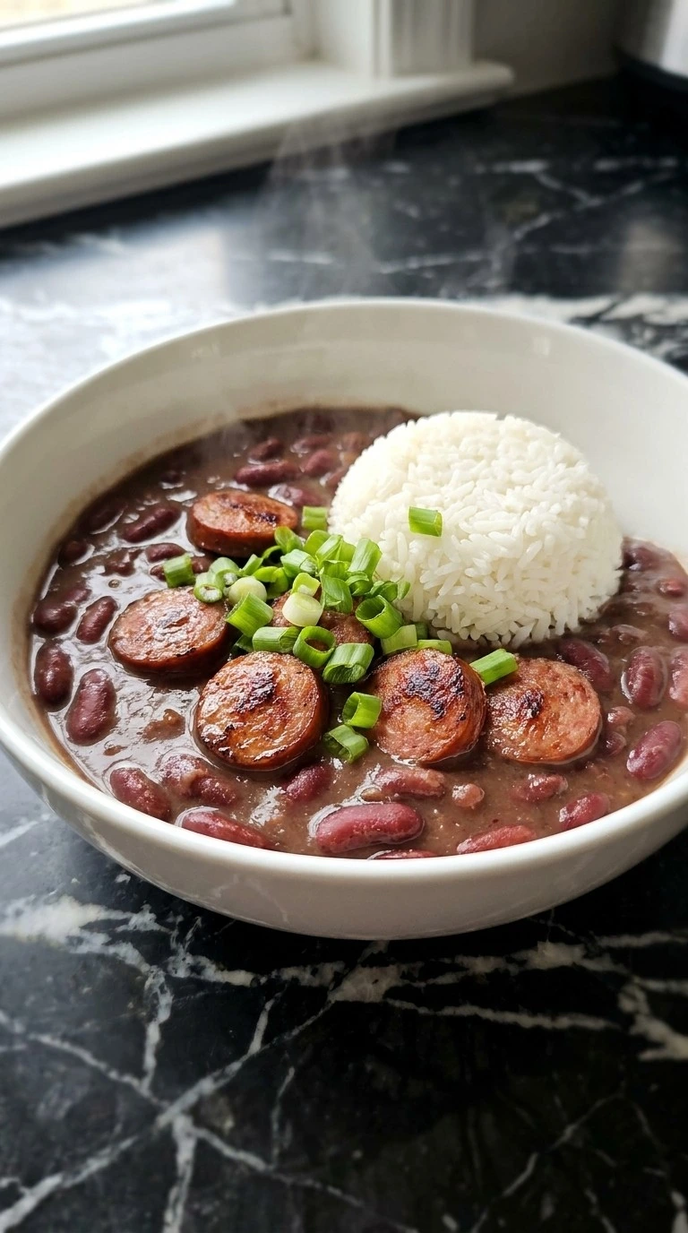 A warm bowl of Crockpot Red Beans and Rice topped with fresh green onions.