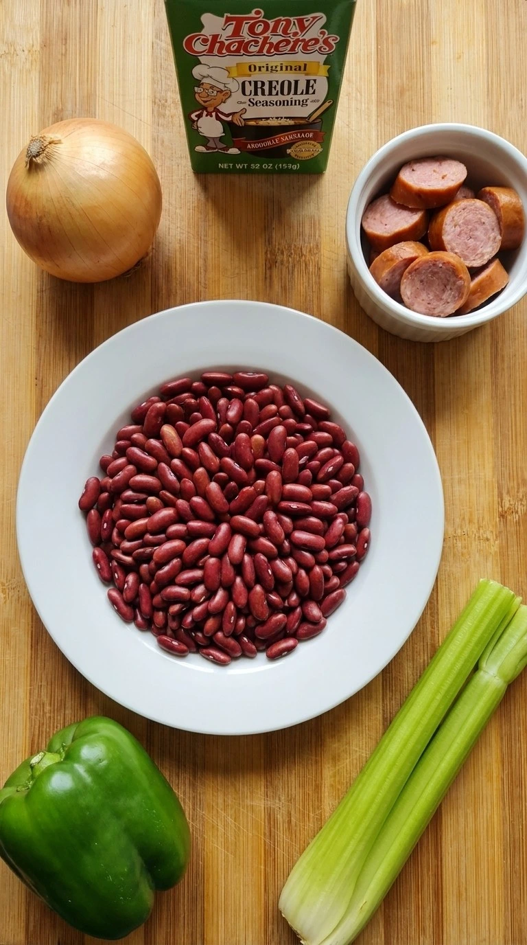 Raw ingredients for Crockpot Red Beans and Rice arranged on a table.