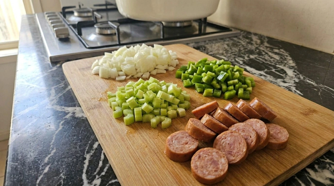 Chopping vegetables and slicing sausage for Crockpot Red Beans and Rice.