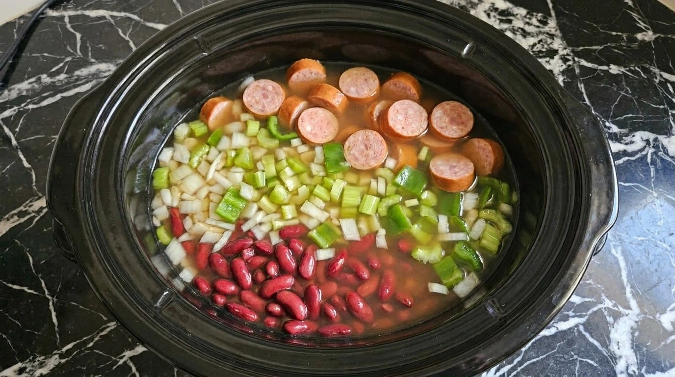 Combining dry beans and ingredients in slow cooker for Crockpot Red Beans and Rice.