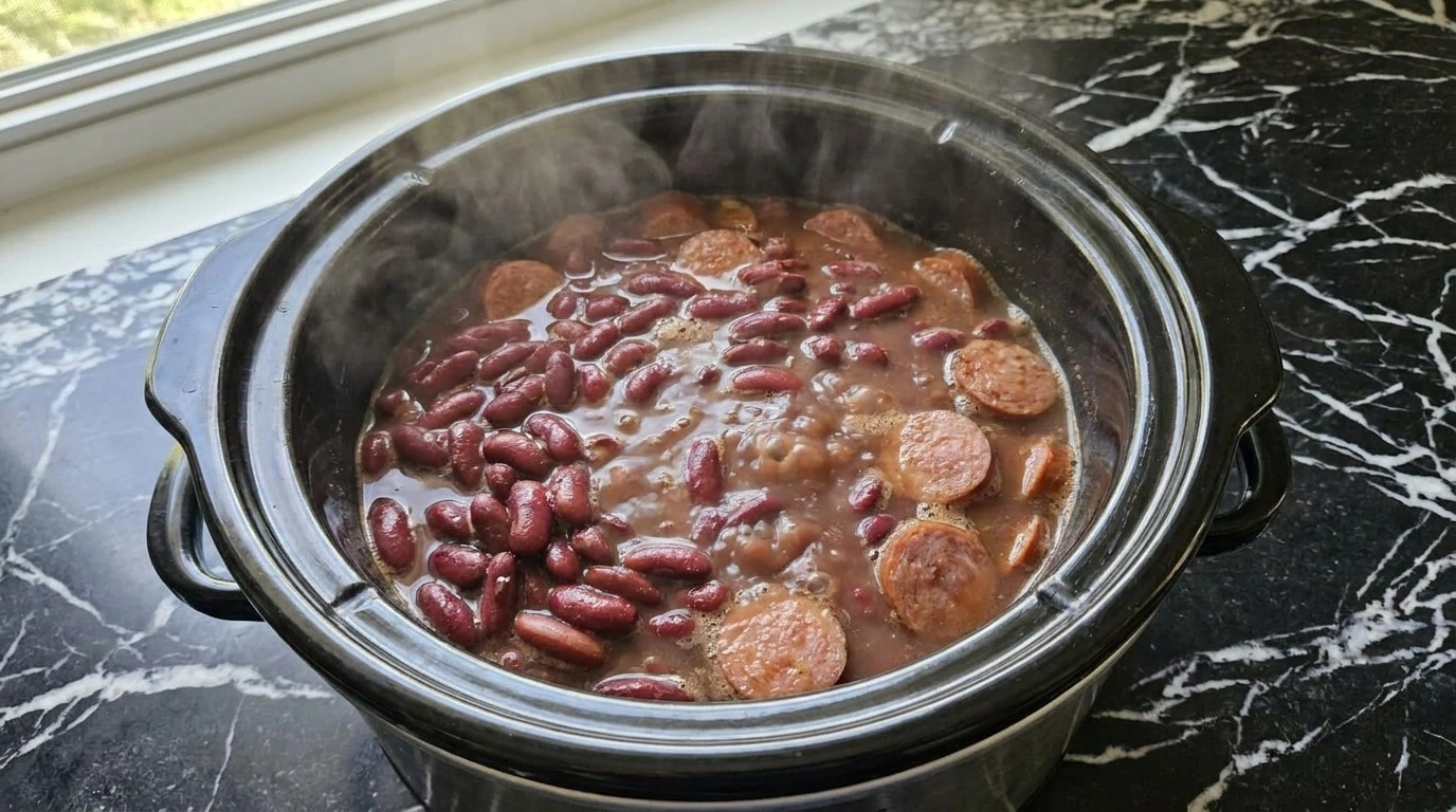 Simmering Crockpot Red Beans and Rice under slow cooker lid.