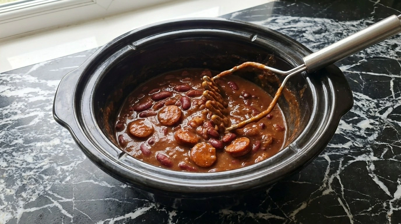 Mashing beans to thicken Crockpot Red Beans and Rice gravy.
