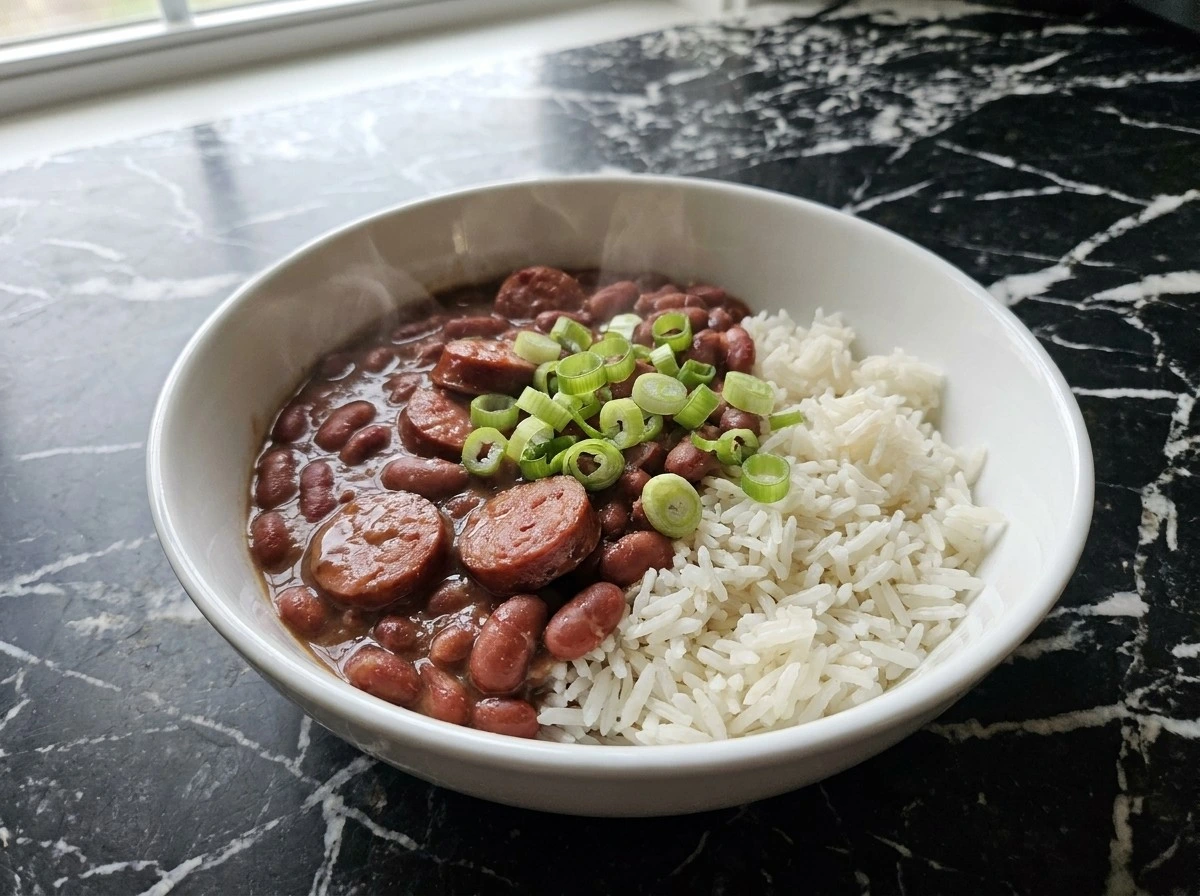 Plated Crockpot Red Beans and Rice in a ceramic bowl garnished with green onions.