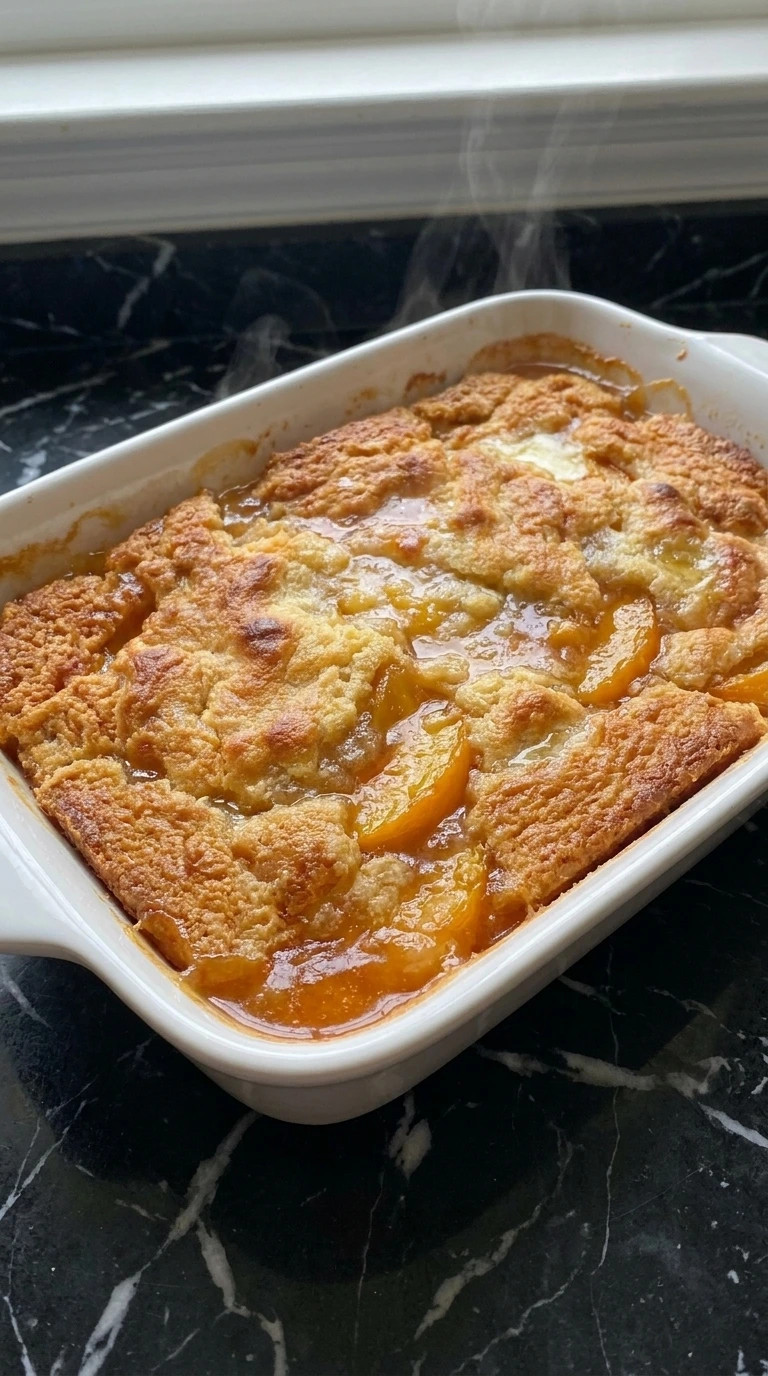Easy Peach Dump Cake with Canned Peaches (3 Ingredients) baked with a craggy golden top and glossy peach filling