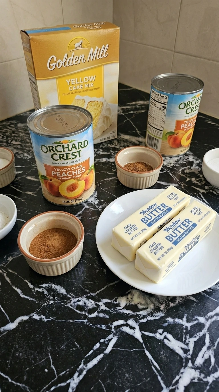 Easy Peach Dump Cake with Canned Peaches (3 Ingredients) shown with canned peaches, yellow cake mix and salted butter