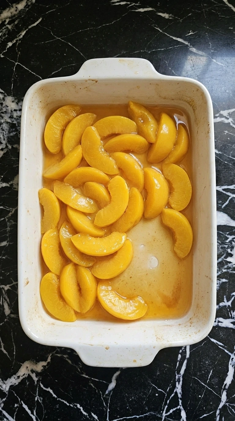 Easy Peach Dump Cake with Canned Peaches (3 Ingredients) step one with peaches and syrup spread in the baking dish