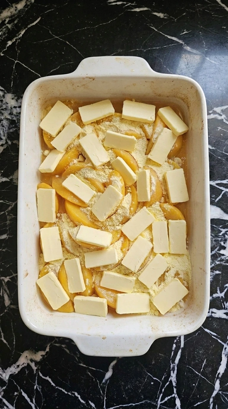 Easy Peach Dump Cake with Canned Peaches (3 Ingredients) step three with thin salted butter slices covering the cake mix