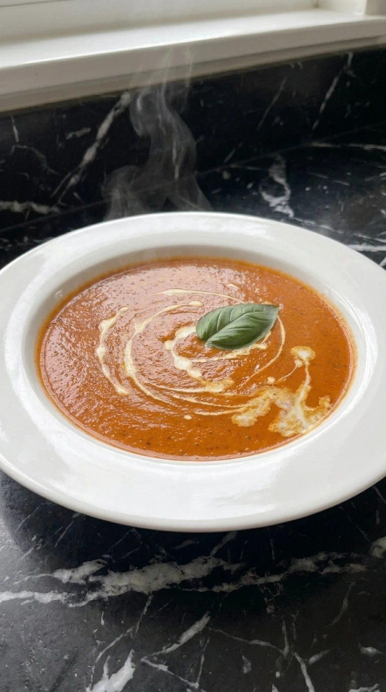 Easy Sheet Pan Tomato Soup With Fresh Tomatoes served in a white bowl with a cream swirl and Genovese basil.