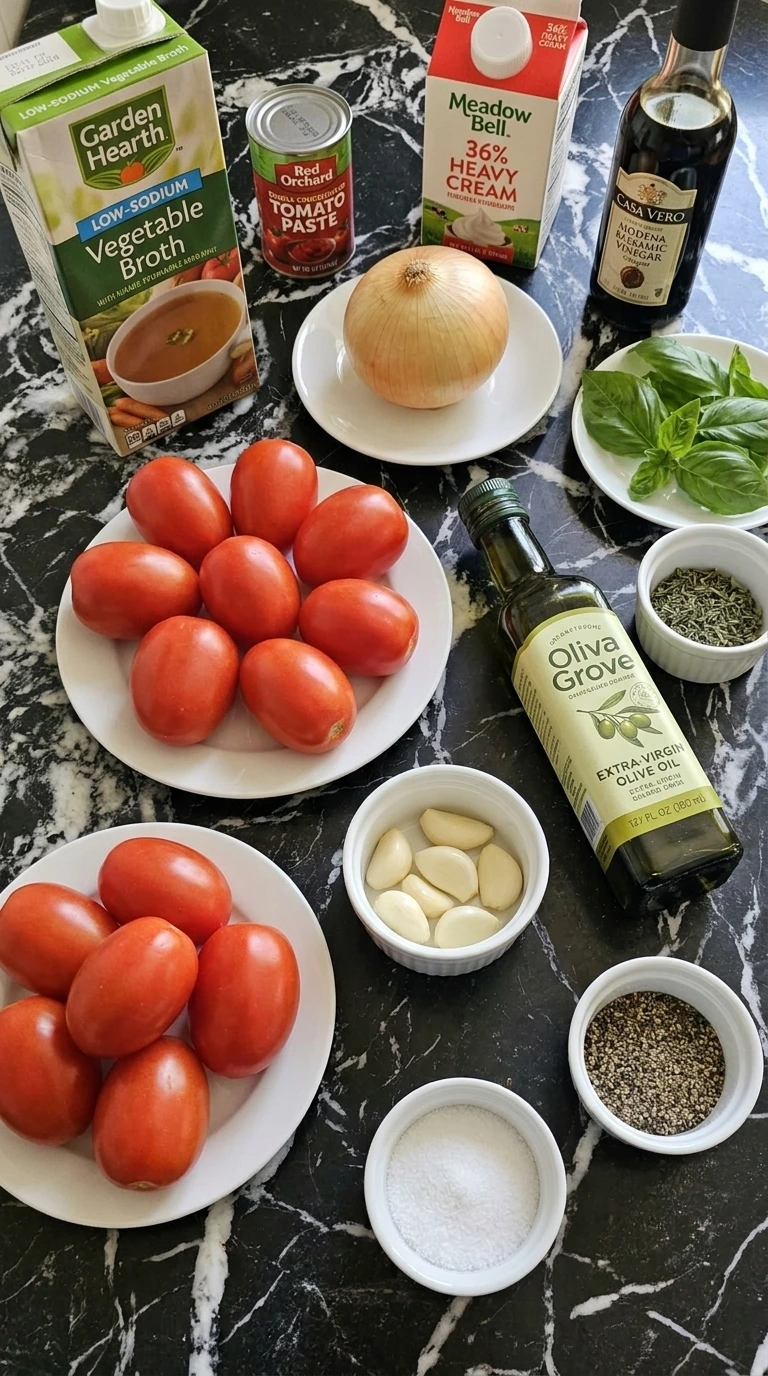 Ingredients for Easy Sheet Pan Tomato Soup With Fresh Tomatoes including Roma tomatoes, basil, garlic and cream.