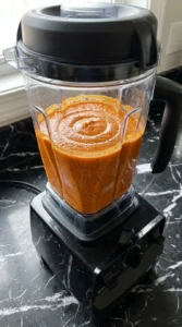 Blending roasted vegetables for Easy Sheet Pan Tomato Soup With Fresh Tomatoes.