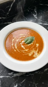 Finished bowl of Easy Sheet Pan Tomato Soup With Fresh Tomatoes with cream and basil.