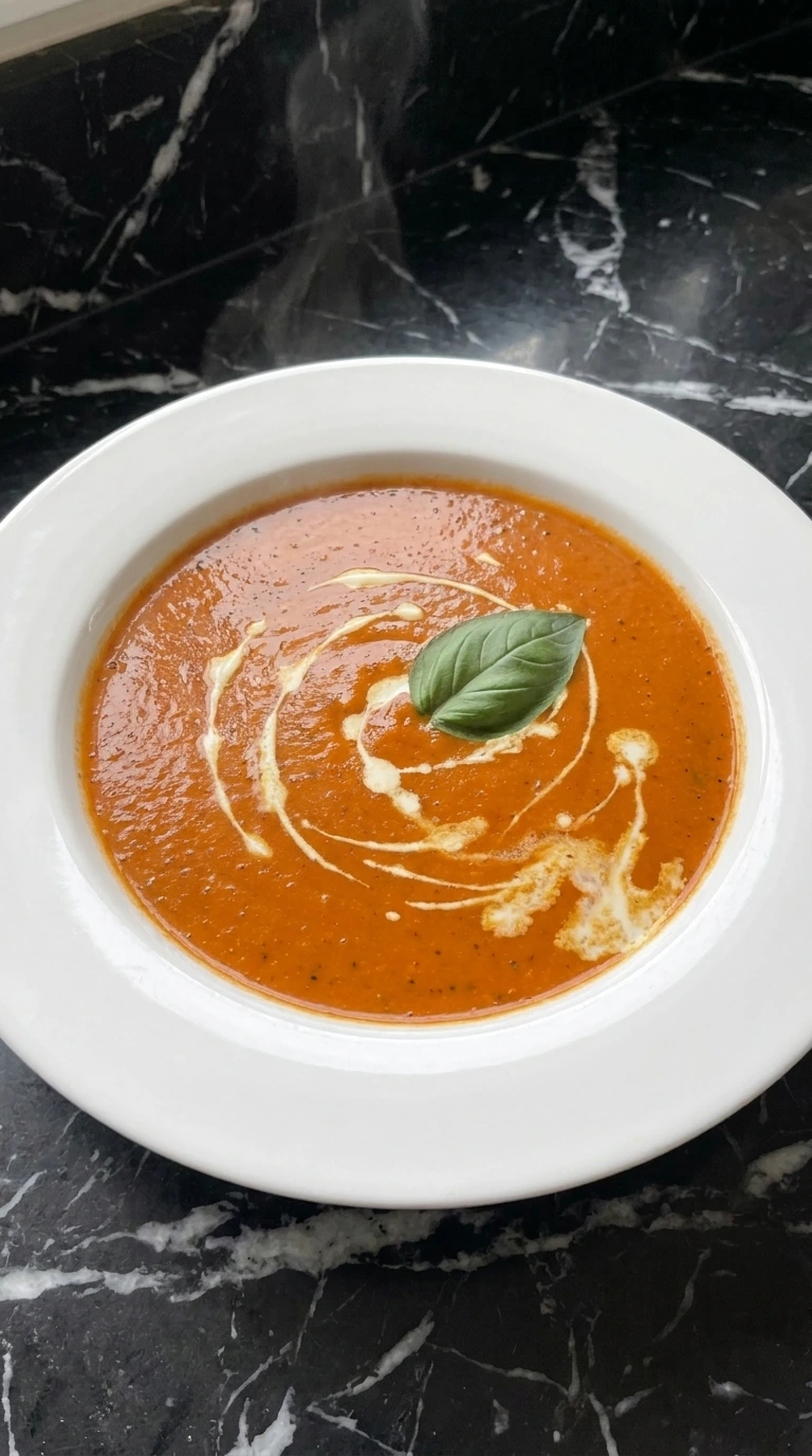 Finished bowl of Easy Sheet Pan Tomato Soup With Fresh Tomatoes with cream and basil.