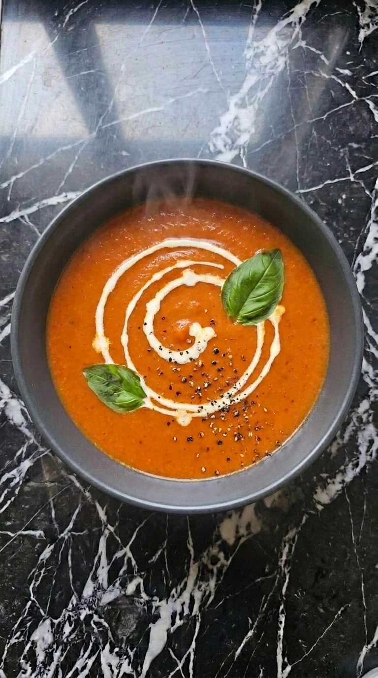 Easy Slow Cooker Tomato Soup for Cozy Fall Dinners in a wide matte charcoal bowl with a loose cream spiral, torn basil and cracked black pepper