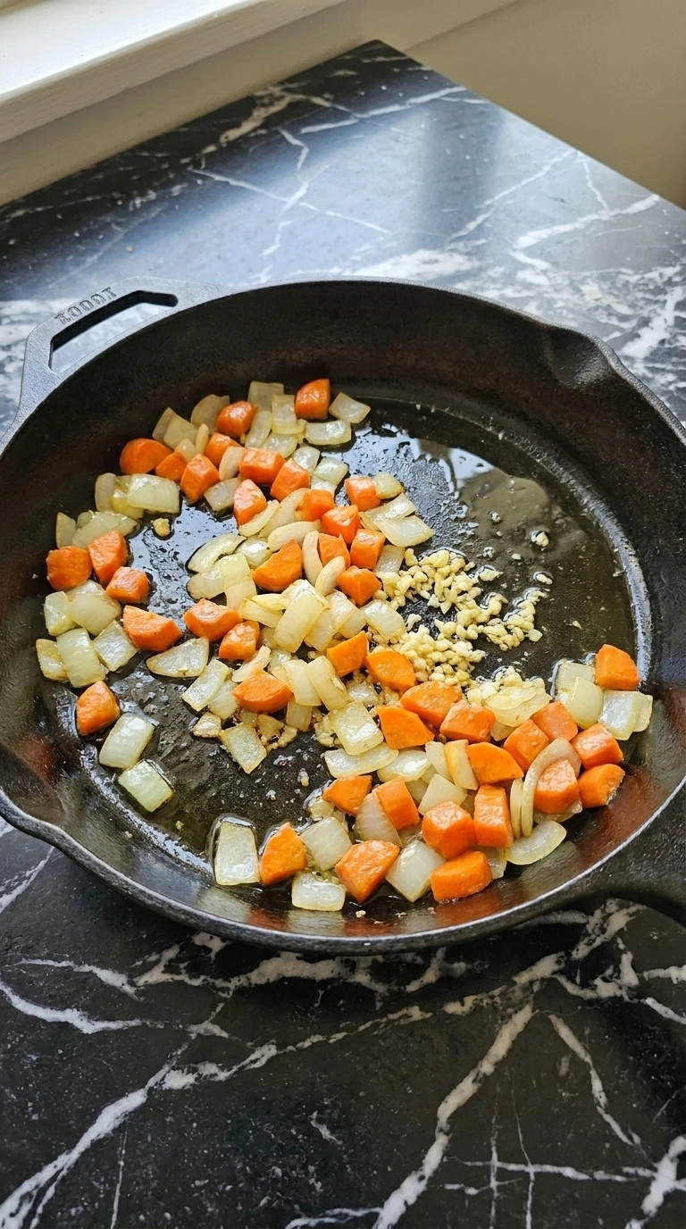 Easy Slow Cooker Tomato Soup for Cozy Fall Dinners with softened yellow onion, bright carrot pieces and minced garlic in a cast-iron skillet
