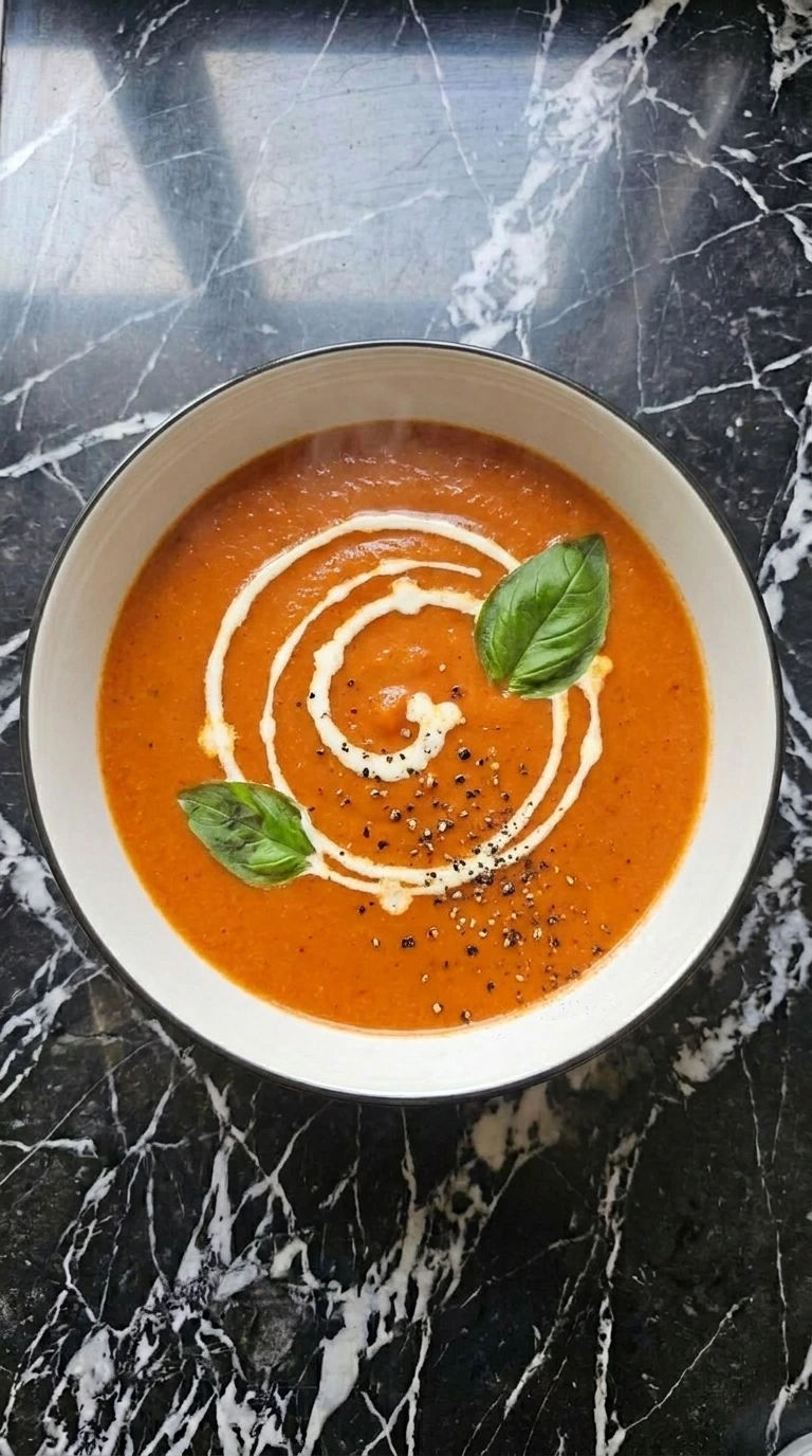 Easy Slow Cooker Tomato Soup for Cozy Fall Dinners served in a shallow white bowl with a loose cream swirl, torn basil and cracked black pepper