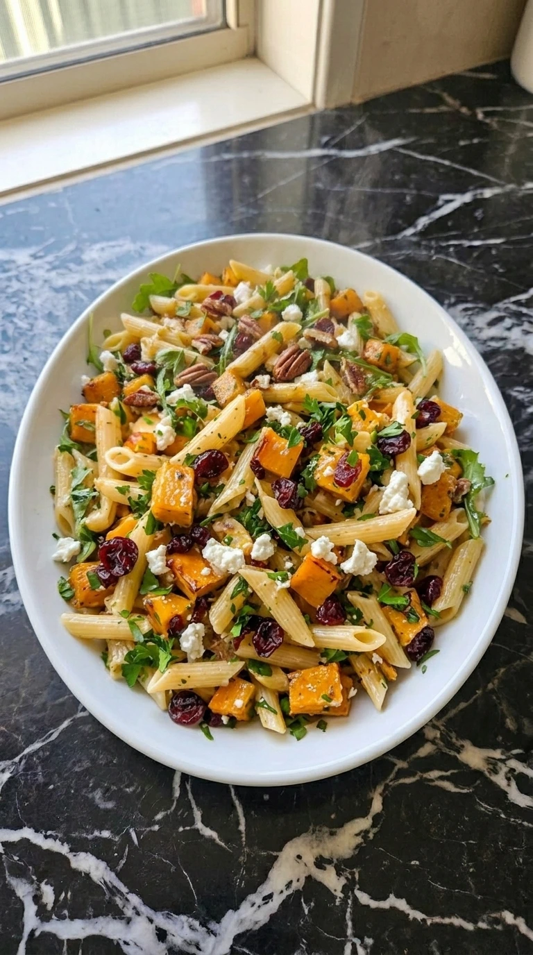 Fall Pasta Salad Recipes with Cozy Harvest Flavor served with roasted butternut squash, cranberries, feta and toasted pecans.