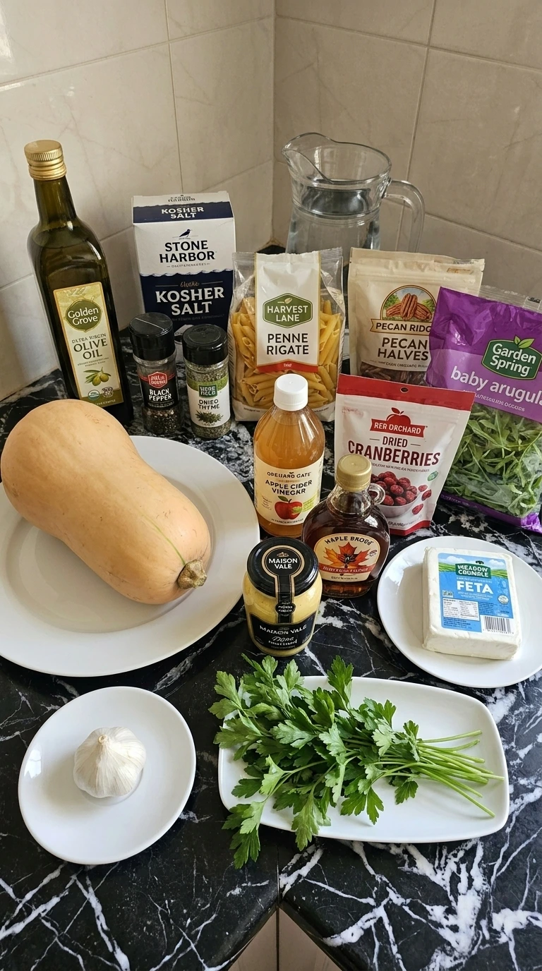 Fall Pasta Salad Recipes with Cozy Harvest Flavor ingredients including penne, whole butternut squash, cranberries, feta and pecans.