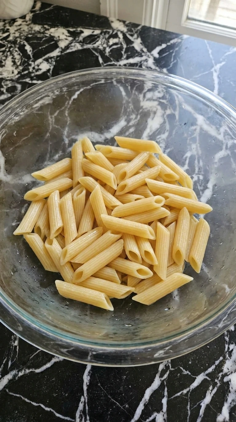 Fall Pasta Salad Recipes with Cozy Harvest Flavor step showing cooled penne rigate with visible ridges and open diagonal ends.