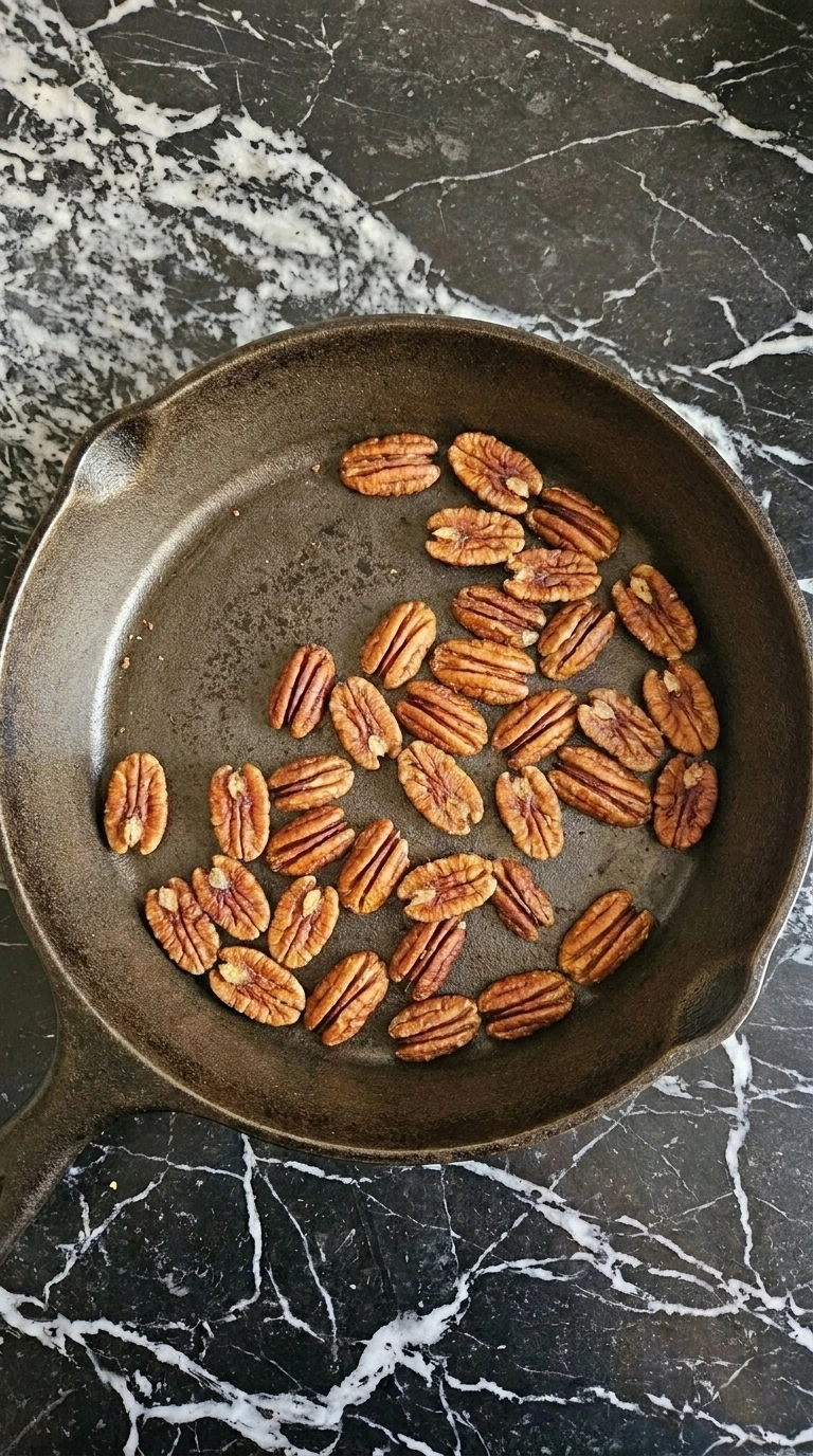 Fall Pasta Salad Recipes with Cozy Harvest Flavor step showing pecan halves toasted to a warm brown color.