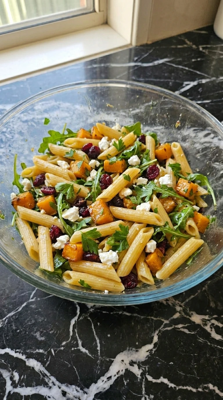 Fall Pasta Salad Recipes with Cozy Harvest Flavor step showing penne folded with roasted squash, cranberries, arugula and feta.
